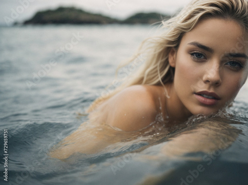 Leave. Relaxation and rest concept. Beauty portrait of a young attractive model swimming in clear sea water. Natural skin care