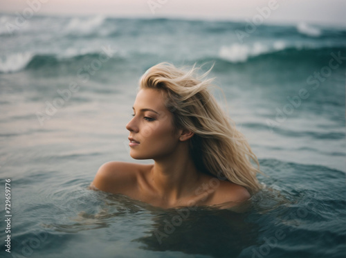 Leave. Relaxation and rest concept. Beauty portrait of a young attractive model swimming in clear sea water. Natural skin care