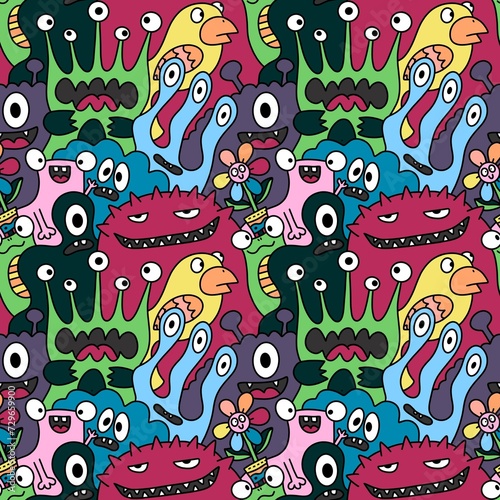 Cartoon monsters seamless funny aliens and rabbit and cactus and flower pattern for wrapping paper and linens