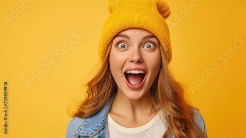 Image of excited screaming young woman standing isolated over yellow background. Looking camera.