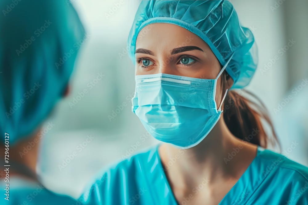 A doctor in a cap and mask talks to nurse against the background of a bright hospital room A doctor in a cap and mask talks to nurse against the background of a bright hospital room