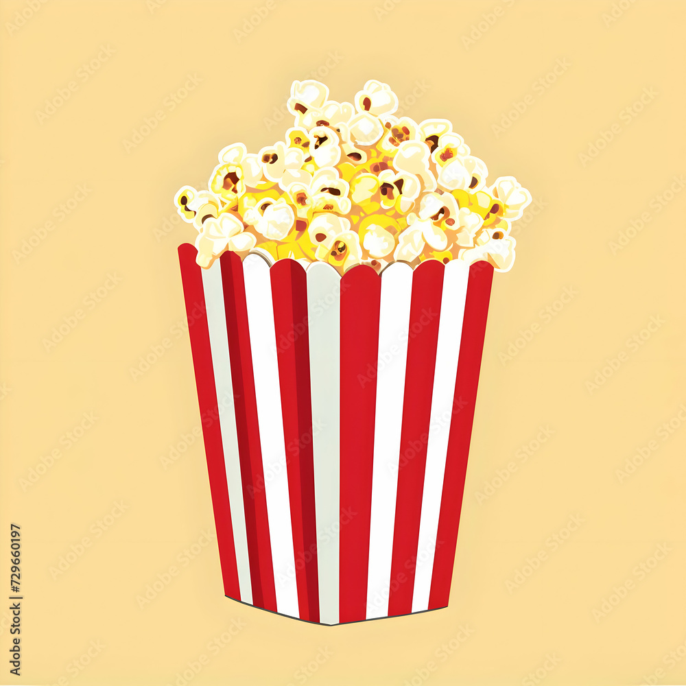 Flat illustration of popcorn in red and white stripes square paper glass on a yellow background. High quality