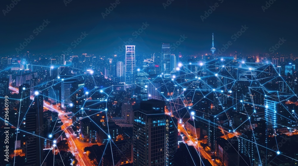 Modern city with wireless network connection and city scape concept.Wireless network and Connection technology concept