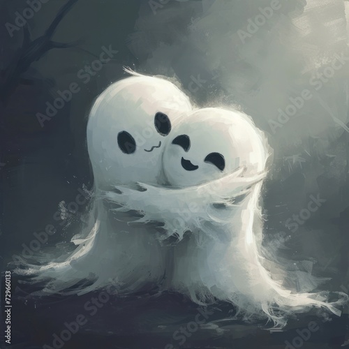 Cute ghost couple hugging and affection creating a symbol of love with an elegant background, great for business, advertising, corporate, marketing etc. Generative Ai
