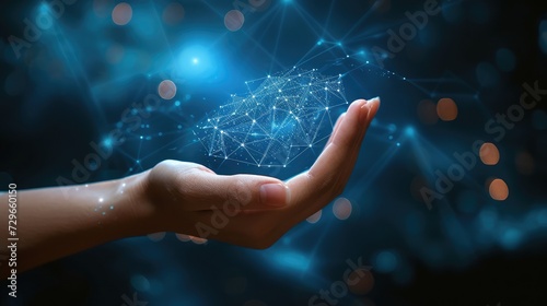 Metaverse Virtual Technology.Woman hand holding global network connection. Internet communication, Wireless connection technology. Futuristic technology