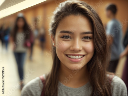 Happy hispanic teenager student by locker in high school hallway.