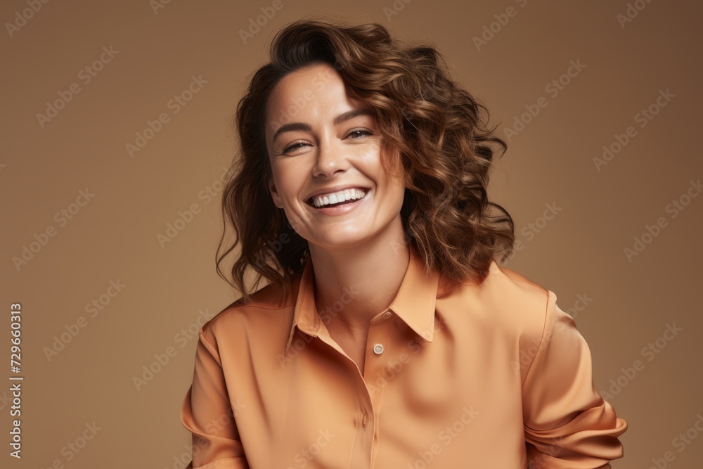Portrait of happy young woman with curly hairstyle and orange shirt Portrait of happy young woman with curly hairstyle and orange shirt