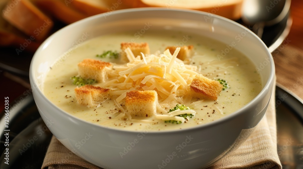 a bowl of broccoli soup with croutons and cheese on a napkin next to a spoon and a bowl of bread on a wooden table with a napkin. a bowl of broccoli soup with croutons and cheese on a napkin next to a spoon and a bowl of bread on a wooden table with a napkin.
