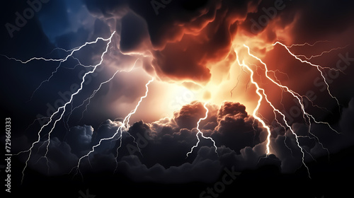 Roaring thunderstorm, shocking lightning shines in the dark sky