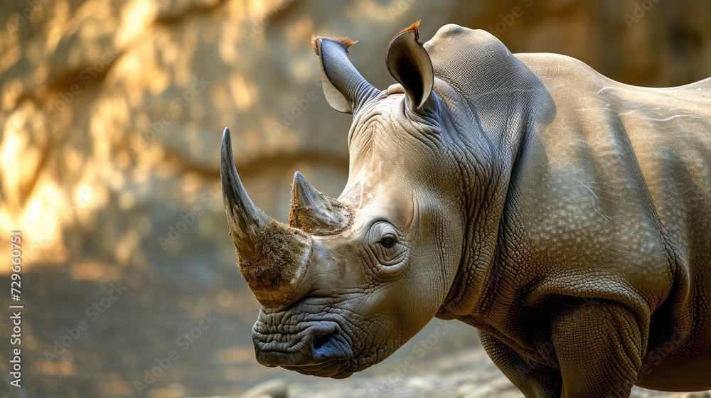 ortrait of a large african rhino standing in front