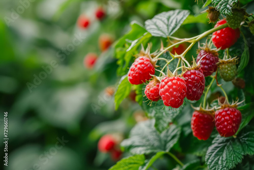 Ripe Raspberries Growing on a Bush With Green Leaves