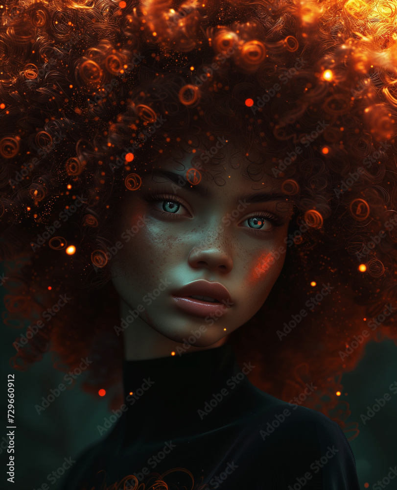 Fantasy portrait of a woman with glowing curls, ideal for book covers and character inspiration Fantasy portrait of a woman with glowing curls, ideal for book covers and character inspiration
