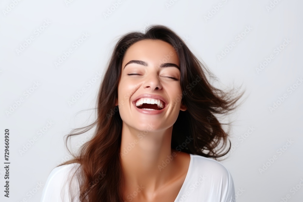 Portrait of a beautiful young woman laughing with closed eyes on gray background Portrait of a beautiful young woman laughing with closed eyes on gray background