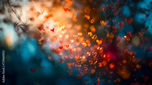 Warm red and sunny hearts on a dark background. Shiny glitter gradient. High-resolution © fillmana