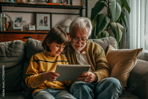 Older Man and Young Girl Sitting on Couch, Looking at Tablet