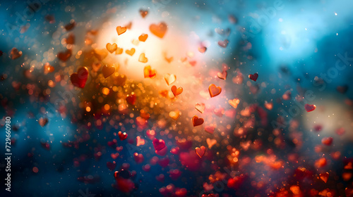 Warm red and sunny hearts on a dark background. Shiny glitter gradient. High-resolution © fillmana