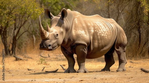 ortrait of a large african rhino standing in front