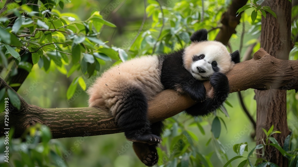 Fototapeta premium Panda Bear Sleeping on a Tree Branch, China Wildlife. Bifengxia nature reserve, Sichuan Province. Cute Lazy Baby Panda Sleeping in the Forest, Enjoying an afternoon nap
