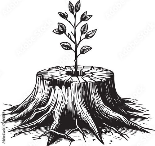 tree with roots, tree growing from the snag, new life 