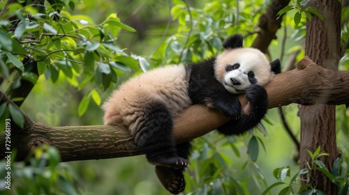 Panda Bear Sleeping on a Tree Branch, China Wildlife. Bifengxia nature reserve, Sichuan Province. Cute Lazy Baby Panda Sleeping in the Forest, Enjoying an afternoon nap