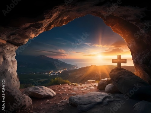Interior de una cueva mirando hacia afuera, con una cruz el la entrada y las montañas y el sol al atardecer. photo