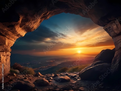 Vista desde el interior de una caverna en las montañas, al amanecer, momento relax, vacaciones increíbles