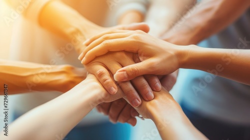 Panoramic Teamwork,empathy,partnership and Social connection in business join hand together concept.Hand of diverse people connecting.Power of volunteer charity work,Stack of people hand. #729661347