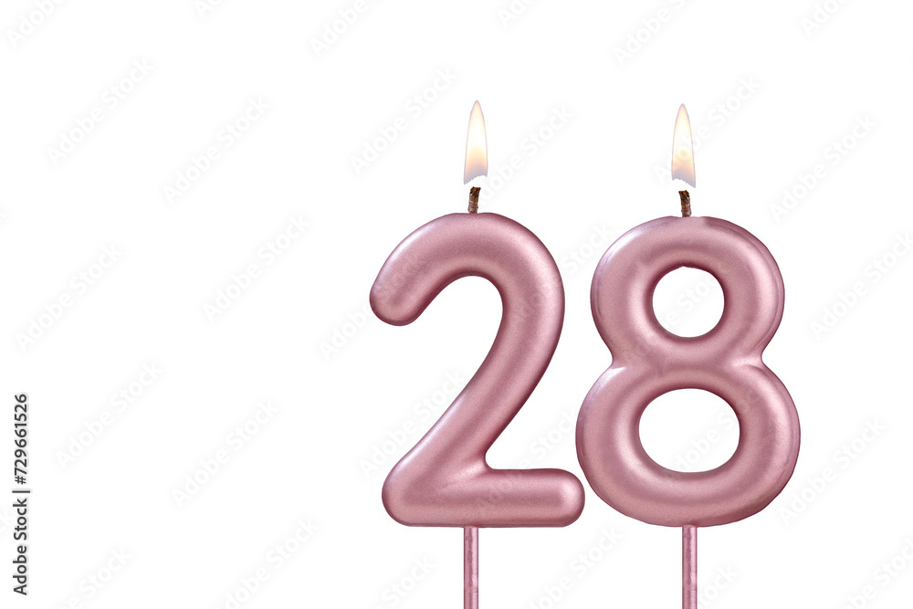 Candle number 28 - Lit birthday candle on white background Candle number 28 - Lit birthday candle on white background