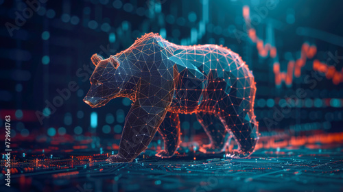 Digital Bear on Stock Market Background - Low Poli 3D photo