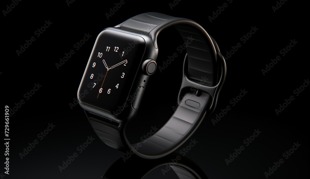 The image displays an Watch placed on a smooth black surface. The image displays an Watch placed on a smooth black surface.