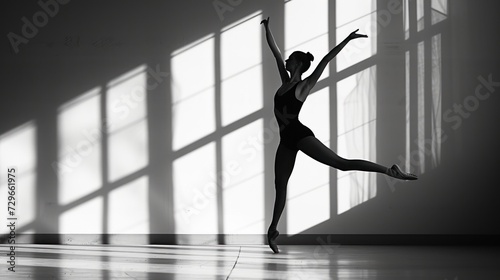  a black and white photo of a woman in a ballet pose with her arms in the air and her legs in the air, in front of a large window.