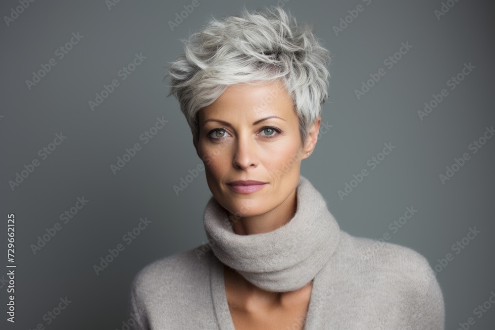 Portrait of beautiful middle aged woman with short blonde hair and grey scarf Portrait of beautiful middle aged woman with short blonde hair and grey scarf