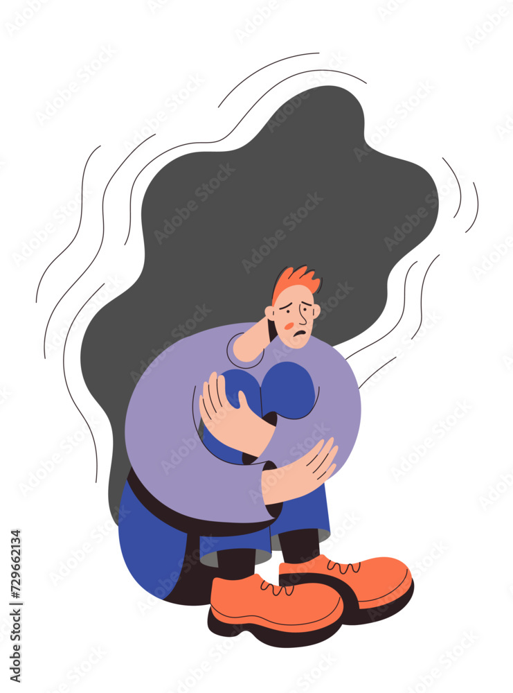 Concept of depression, anxiety, sadness and hopelessness. Sad young man hugging her legs Concept of depression, anxiety, sadness and hopelessness. Sad young man hugging her legs
