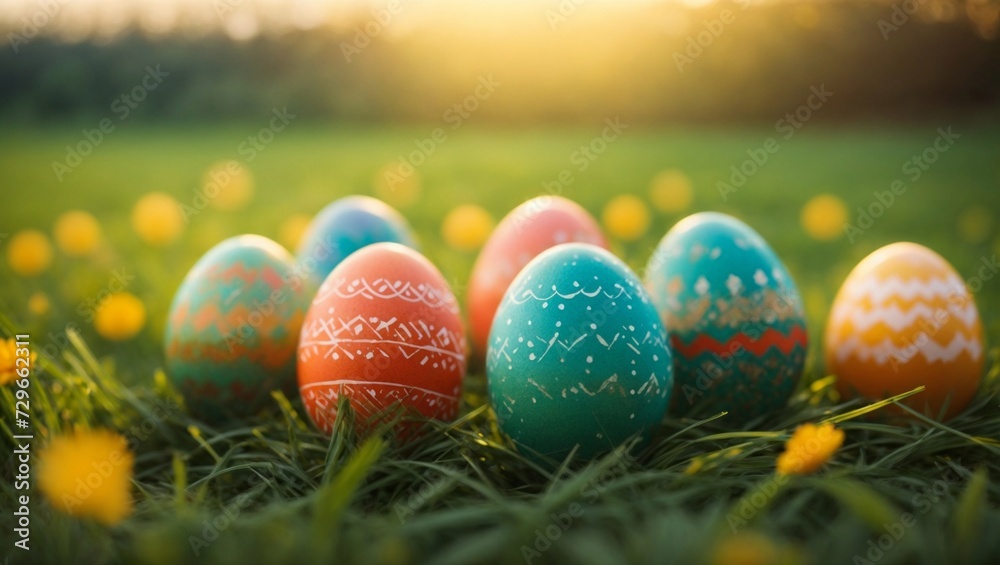 AI illustration of painted Easter eggs with patterns nestled in grass at sunrise