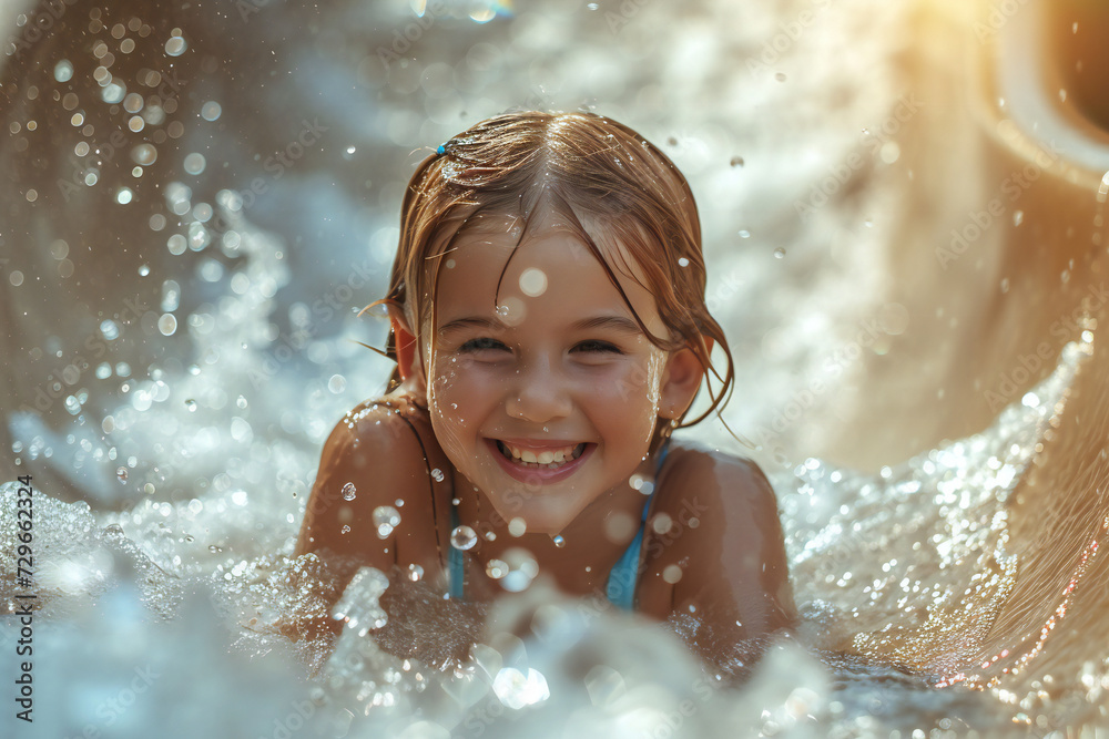 Happy young girl kid sliding down a water slide during summer holidays having fun against sun light Happy young girl kid sliding down a water slide during summer holidays having fun against sun light