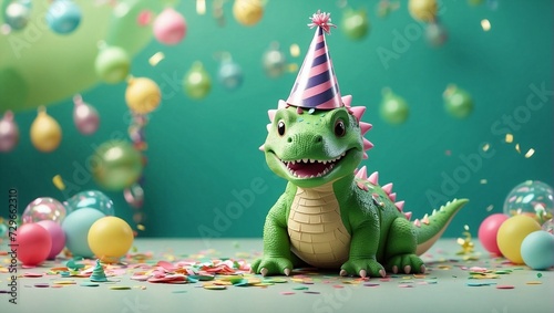 AI illustration of a cheerful dinosaur toy donning a party hat amidst colorful balloons and confetti