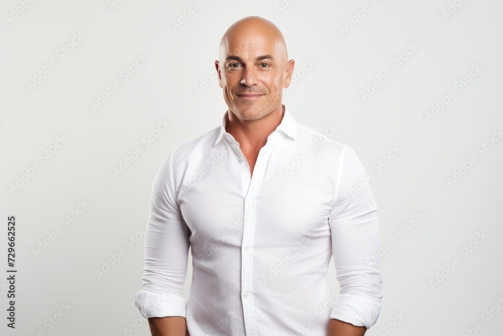 Portrait of handsome bald man in white shirt on grey background. Portrait of handsome bald man in white shirt on grey background.