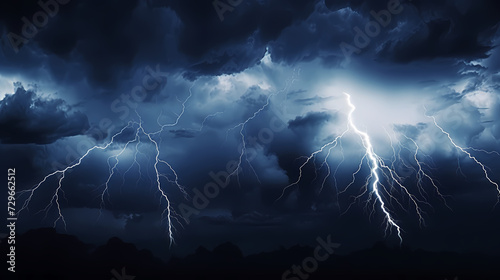 Roaring thunderstorm, shocking lightning shines in the dark sky