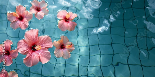 pink hibiscus flowers floating in the swimming pool with tiles  close up pattern minimalist  top view  exotic concept.