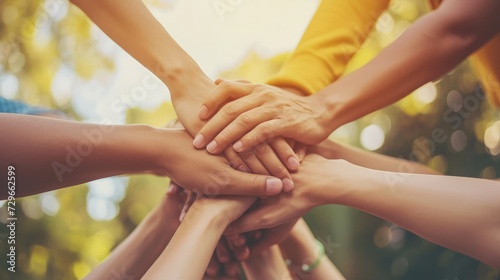 Panoramic Teamwork,empathy,partnership and Social connection in business join hand together concept.Hand of diverse people connecting.Power of volunteer charity work,Stack of people hand.