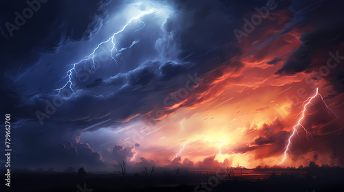 Roaring thunderstorm, shocking lightning shines in the dark sky © xuan