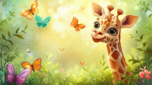 Adorable Cartoon Baby Giraffe Playing with Butterflies