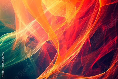 Abstract fiery waves of red and orange intertwine with cool green  creating a dynamic and energetic smoke pattern on a dark background.