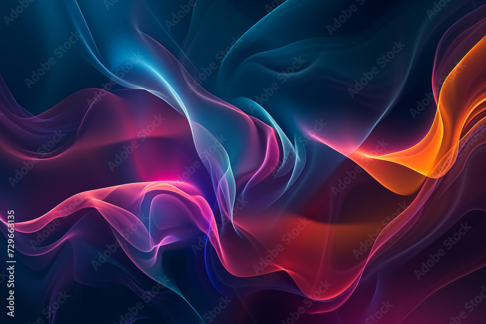 Obraz premium A dynamic and smooth graphic of flowing shapes in neon blue, purple, and orange, resembling silk fabric in motion on a dark background.