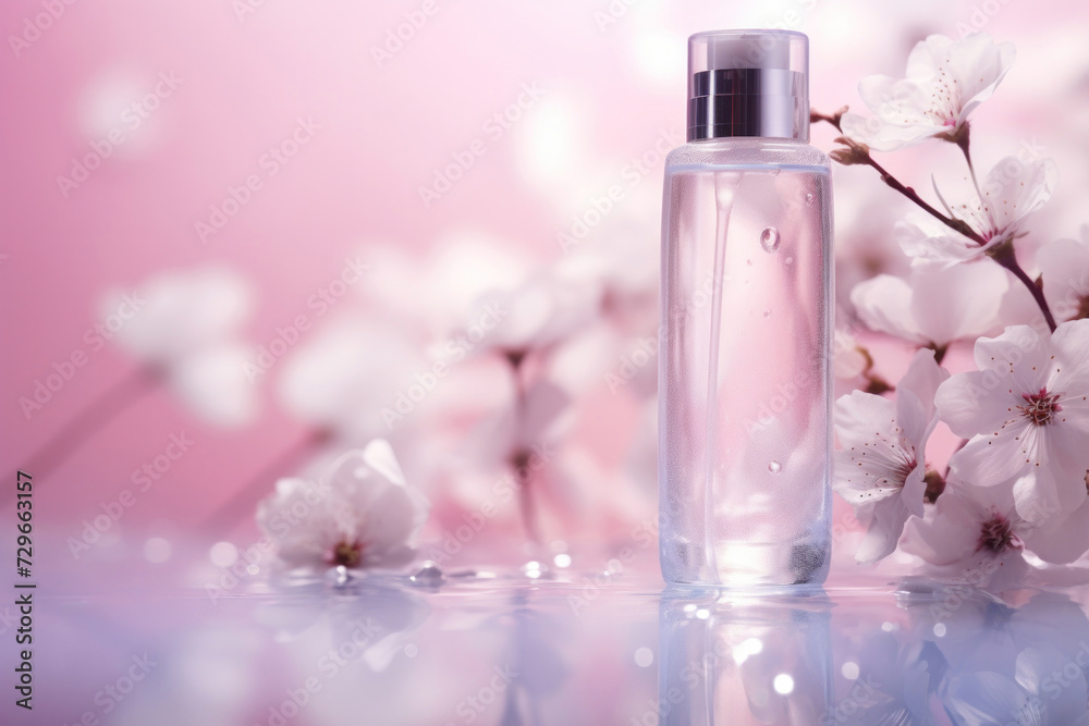 Mockup of minimal elegant perfume bottle on botanical background. Stylish perfume banner, fermented cosmetics Mockup of minimal elegant perfume bottle on botanical background. Stylish perfume banner, fermented cosmetics