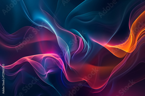 A dynamic and smooth graphic of flowing shapes in neon blue, purple, and orange, resembling silk fabric in motion on a dark background.