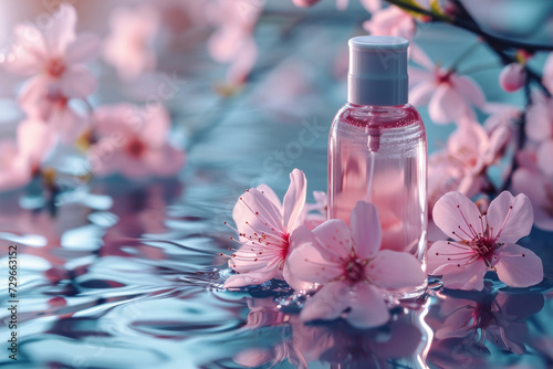 Transparent glass bottle with natural cosmetic products on a floral background. Fermented Skin Care