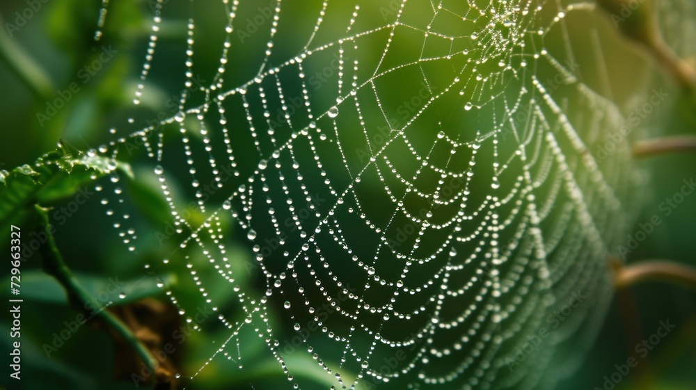  a close up of a spider web on a leaf with water droplets on the spider's web, with a blurry background of green leaves in the foreground.