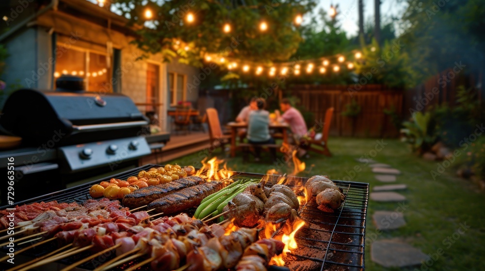 Friends gather around, as a backyard barbecue sizzles with deliciousness--grilled perfection, good times.