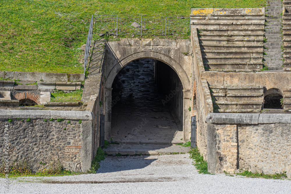 one of the access tunnels to the amphitheater in the archaeological park of pompeii-naples-italy